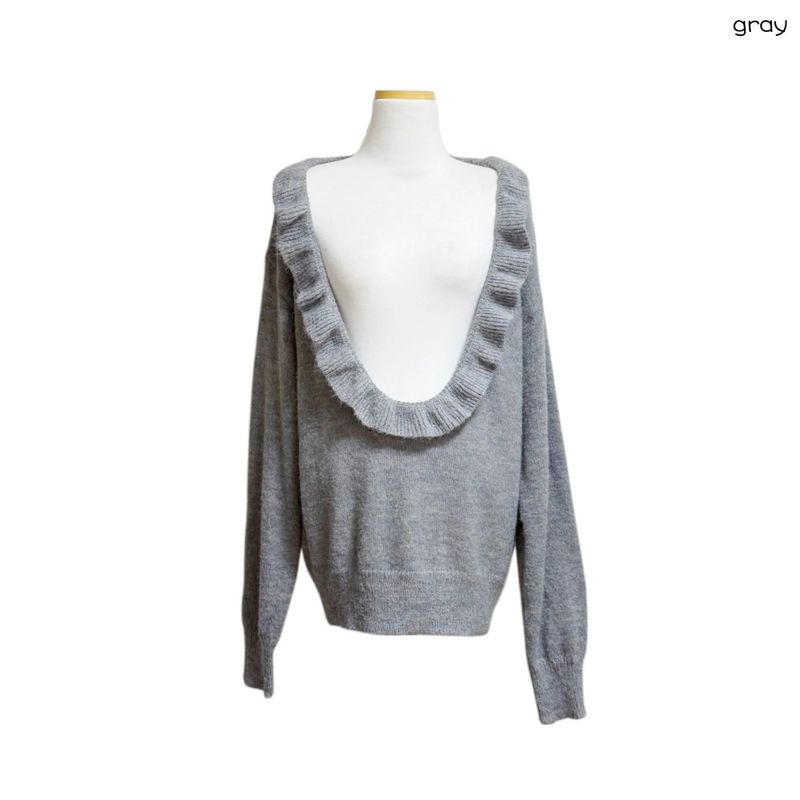 (3color) Frill Deep U-Neck Wool Knit