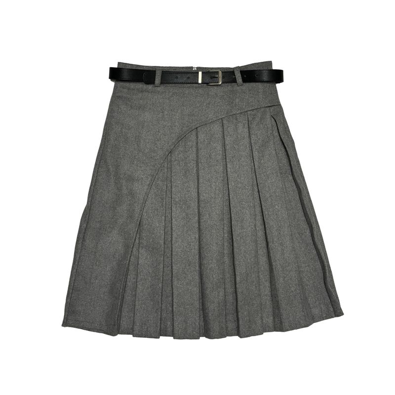 Belt pleated long skirt