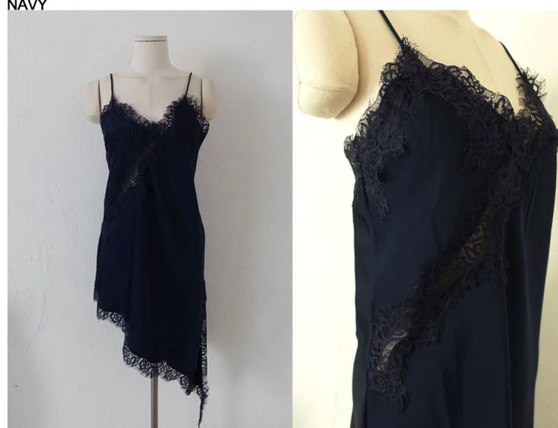 LACE SATIN UNBALANCE SLIP MINI DRESS (NAVY)