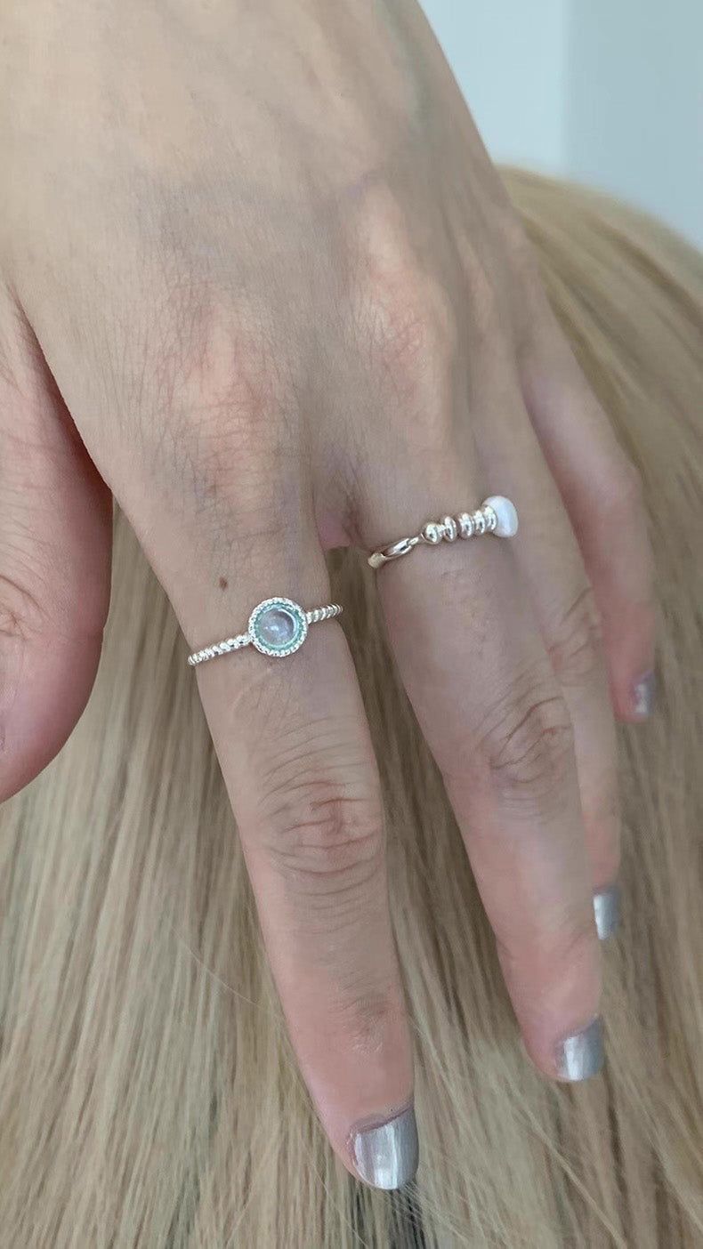 Mint silver-pearl beads ring SET