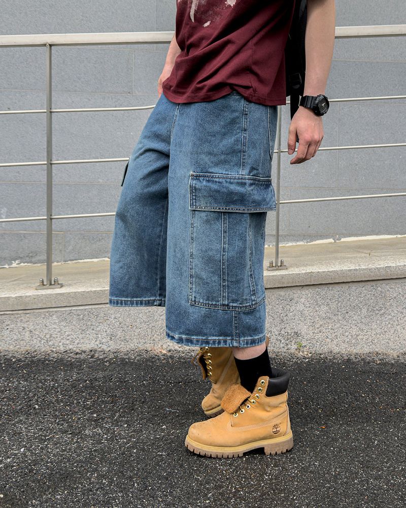 Kazen Washed Cargo Bermuda Denim Pants