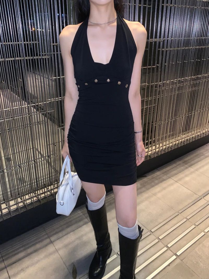 After Eyelet Halter Shirring Mini Dress 