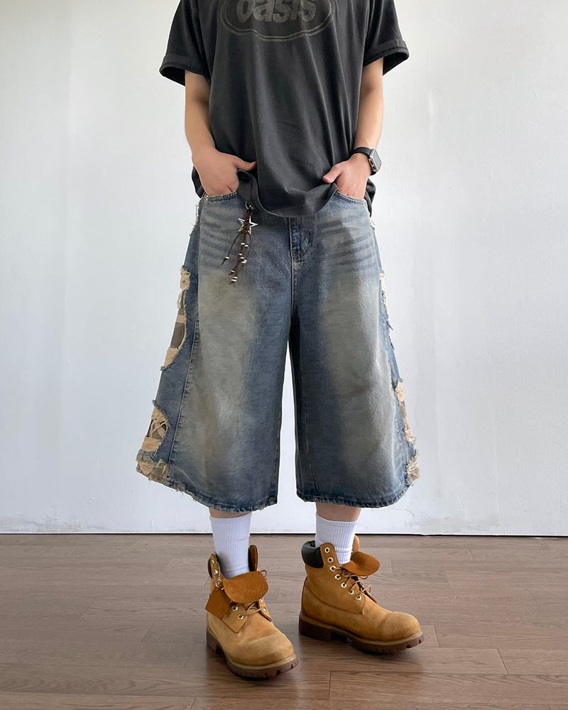 Destroyed Camouflage Denim Half Pants