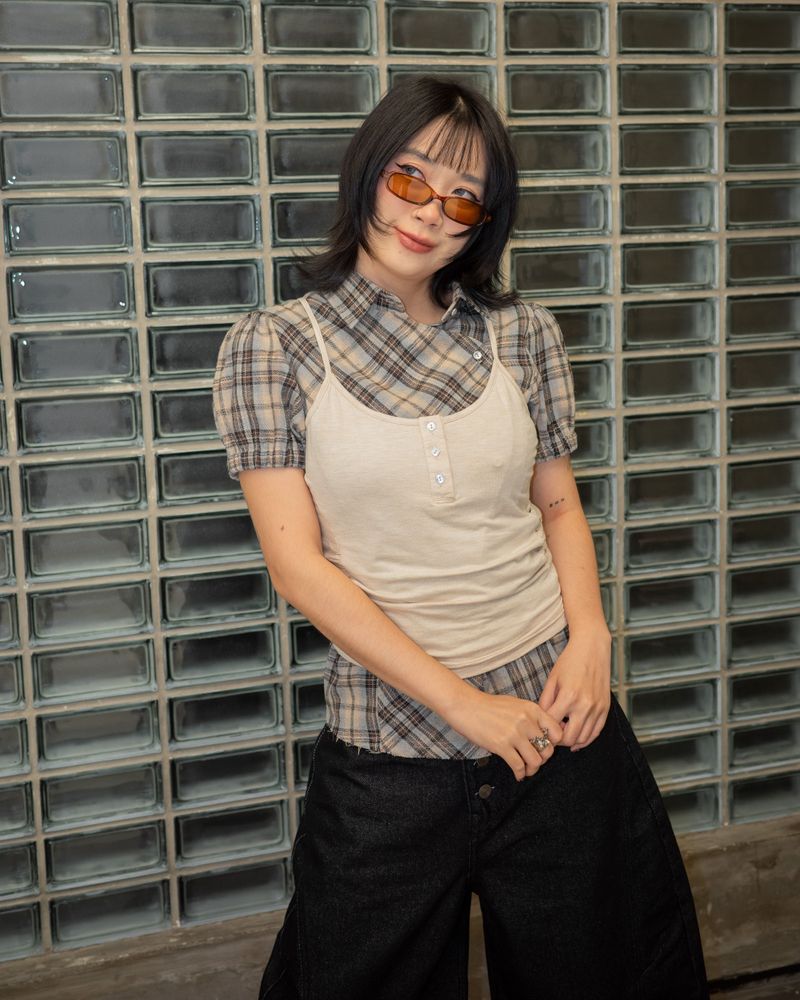 Checkered Poppy Sleeve Shirt