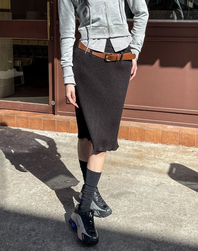 [Belt set] Belted knit midi skirt