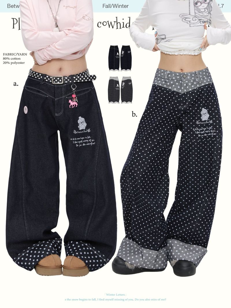 BETWEENAND「Hokkaido Snow」Winter Penguin Embroidery – Original Autumn/Winter Design, Slimming Effect, Thickened Denim Jeans