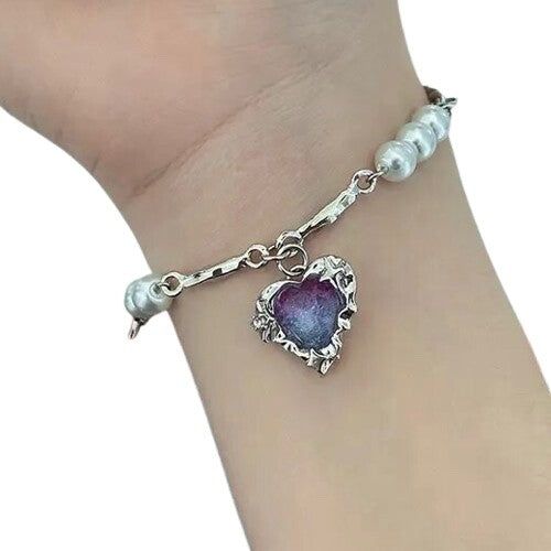 0097 Violet heart linked pearl bracelet