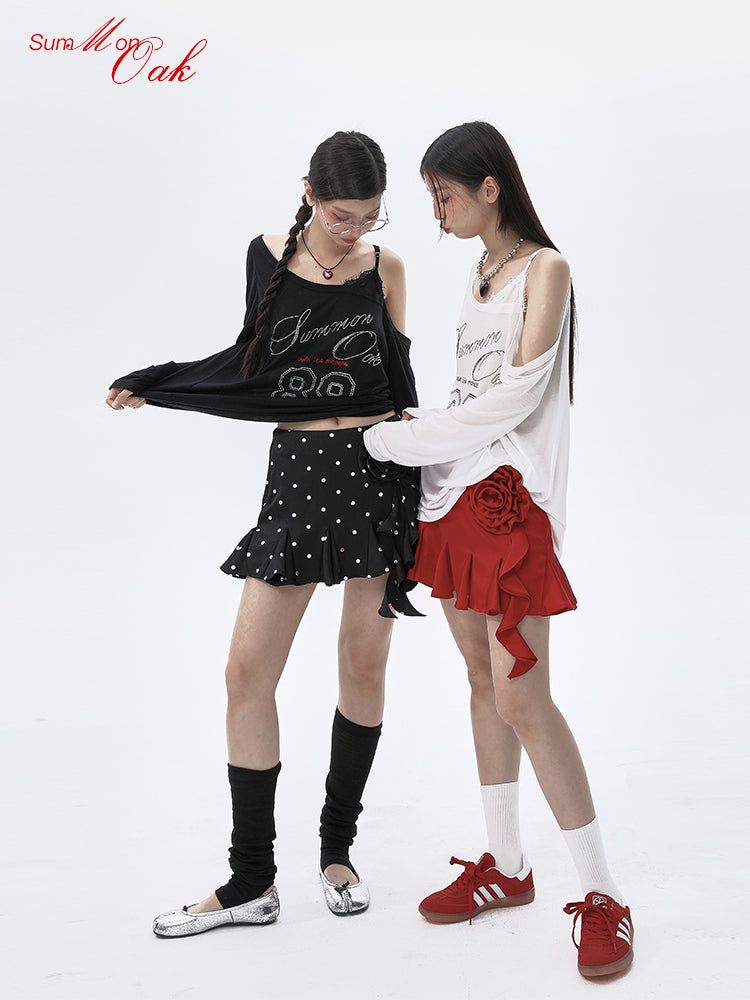 Summon Oak Lenzing Tencel Rhinestone-Embellished Off-Shoulder Lace Long-Sleeve T-Shirt for Women, Loose and Lightweight Sun Protection Cover-Up for Spring and Summer