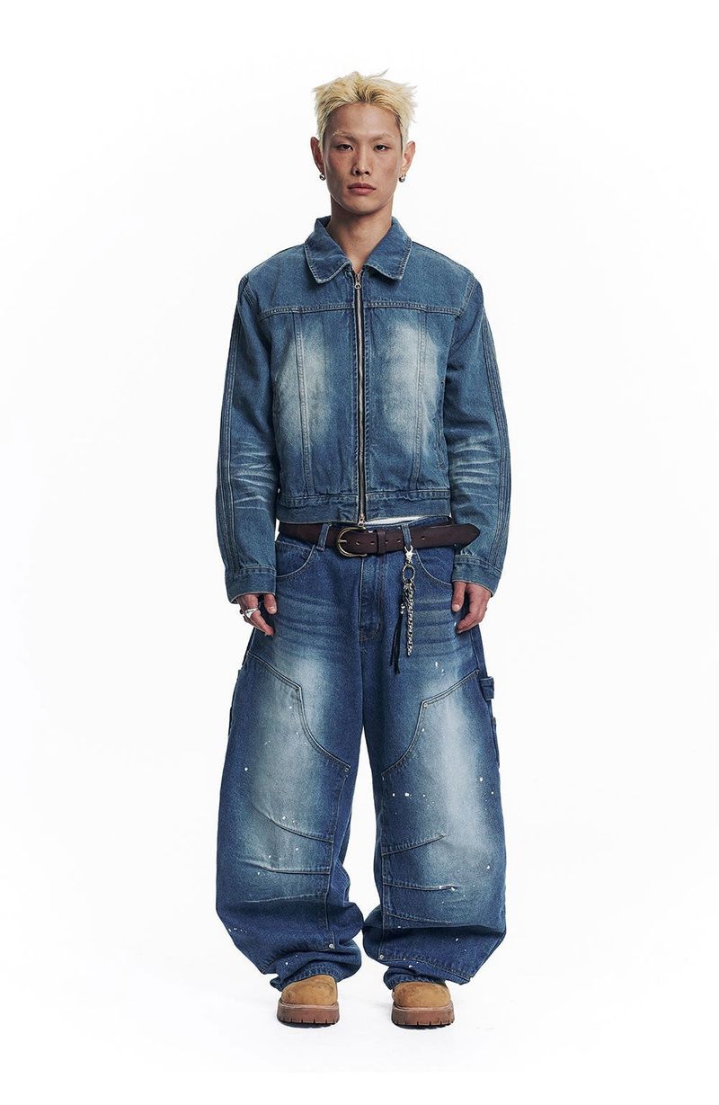 Washed Crop Track Denim Jacket - Deep Blue