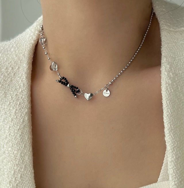 bru Ballet Core Stainless Steel Titanium Ribbon Black Beads Heart Short Layered Necklace