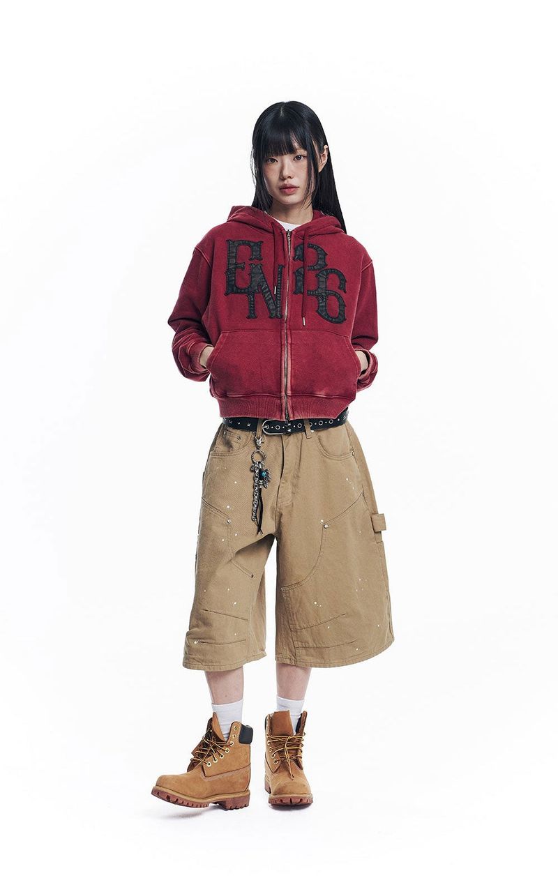 Washed Leather Patch Hooded Zip-Up - Wine