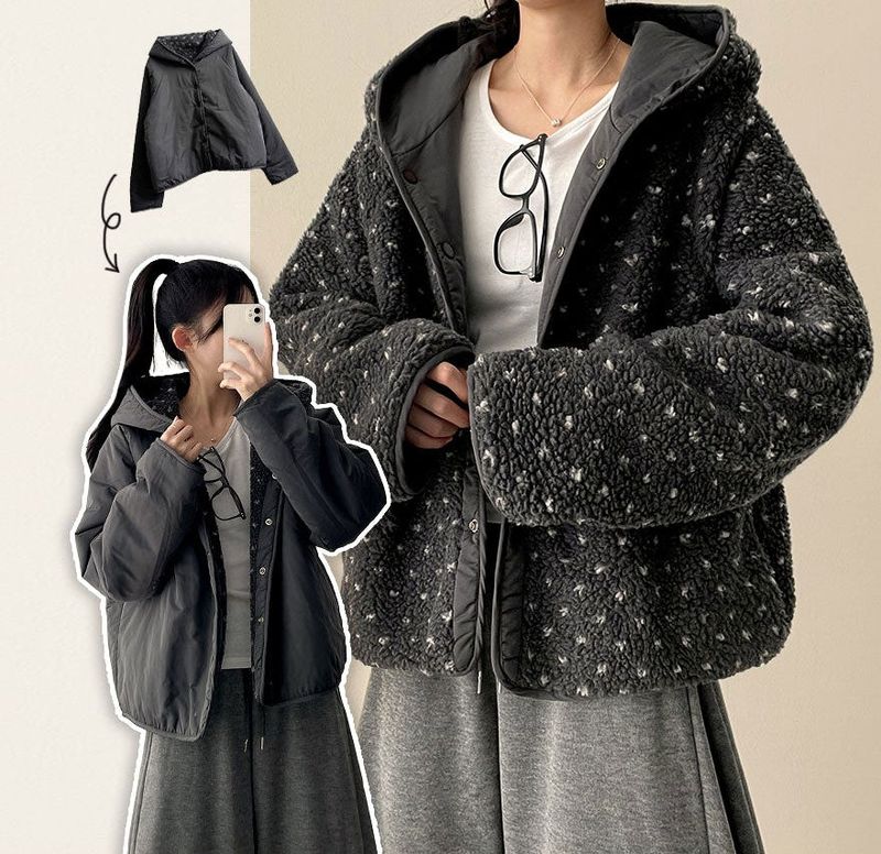 [Double-sided/Reversible*] PN Heart Pattern Fleece Hooded Jumper