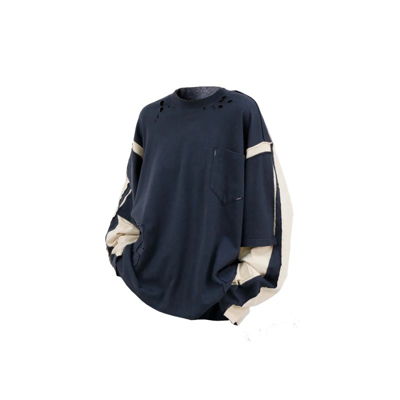 RELABEL(DIGGER GAP) multi-layer ragged patchwork fabric with holes, washed and aged, round-neck sweater made of 100% cotton