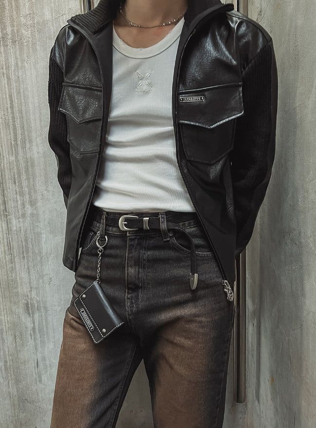 [LANARCH] Amber Leather Pocket Neck Zip-Up