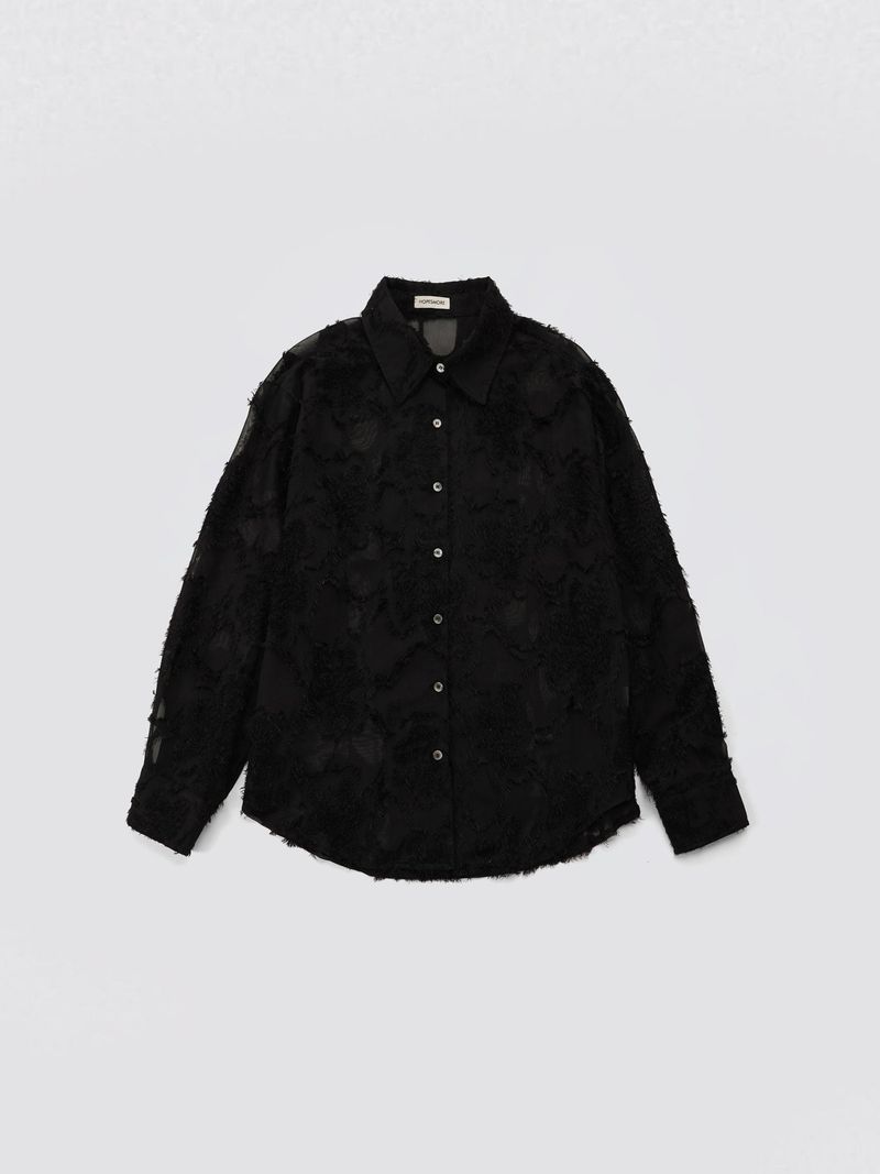 HOPESMORE(ホープスモア)の「Feather Lace Overfit Shirt_Black(Tops)」