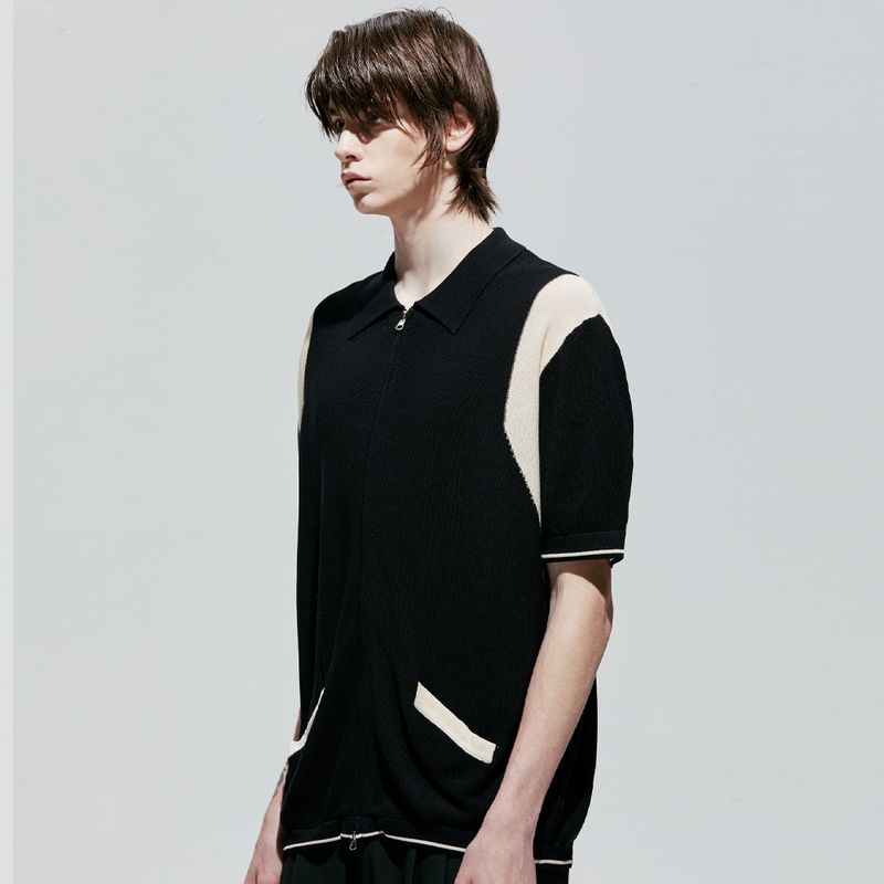 varsity half knit zip-up black