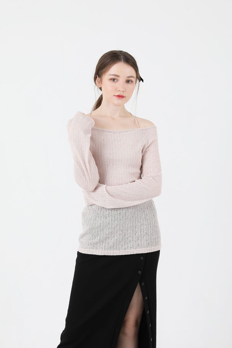 See-Throught Back Slit Long Sleeve Knit Beige