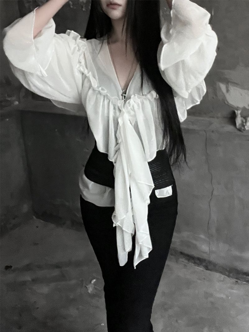 chiffon ruffle v-neck sheer blouse (2color)