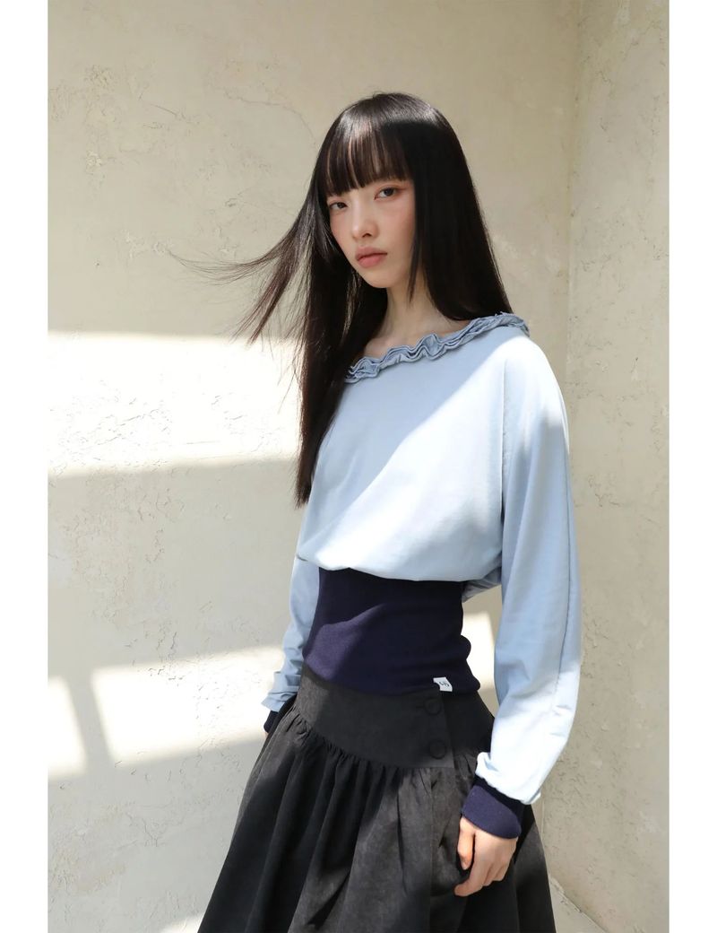 OFF-SHOULDER RUFFLE TOP(BLUE)