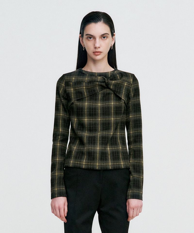 Twisted Check High-neck Top _ KHAKI
