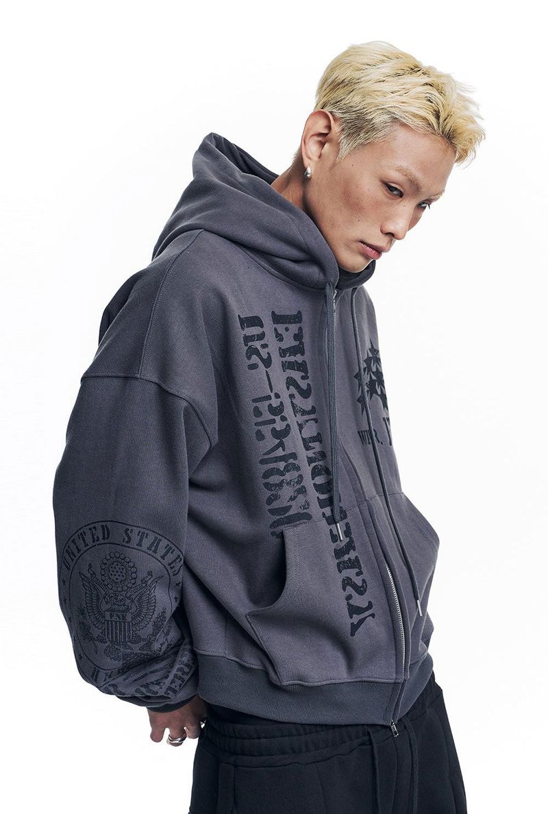 Marine Crack Print Hooded Zip-Up - Charcoal