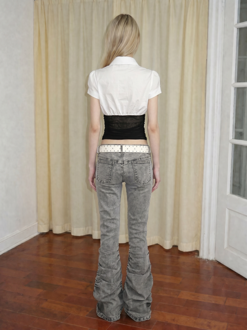 Emoha Grey Washed Low-Rise Flared Jeans 