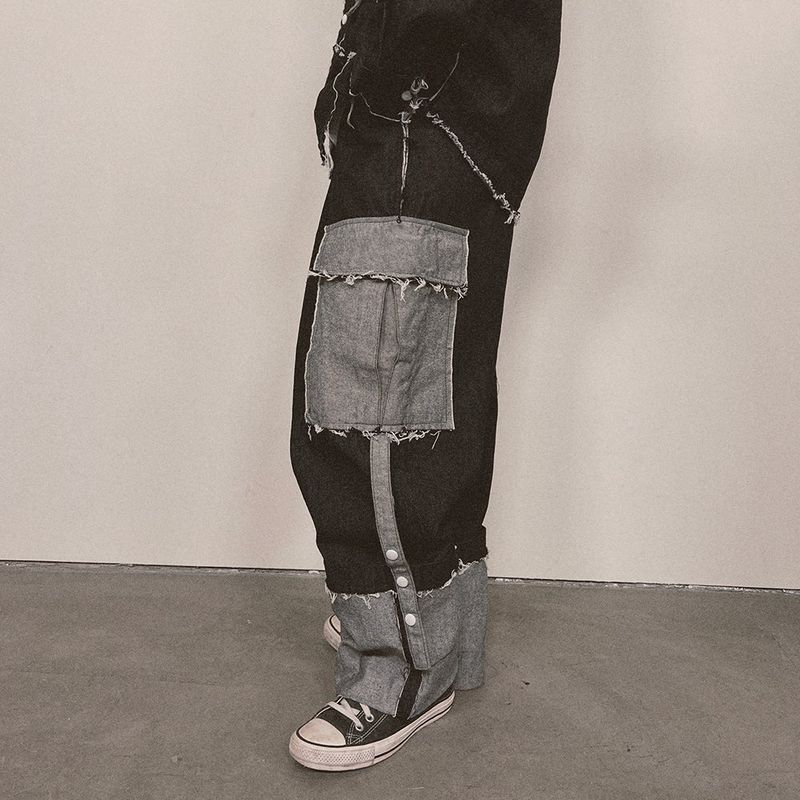 grunge roll-up denim pants_black