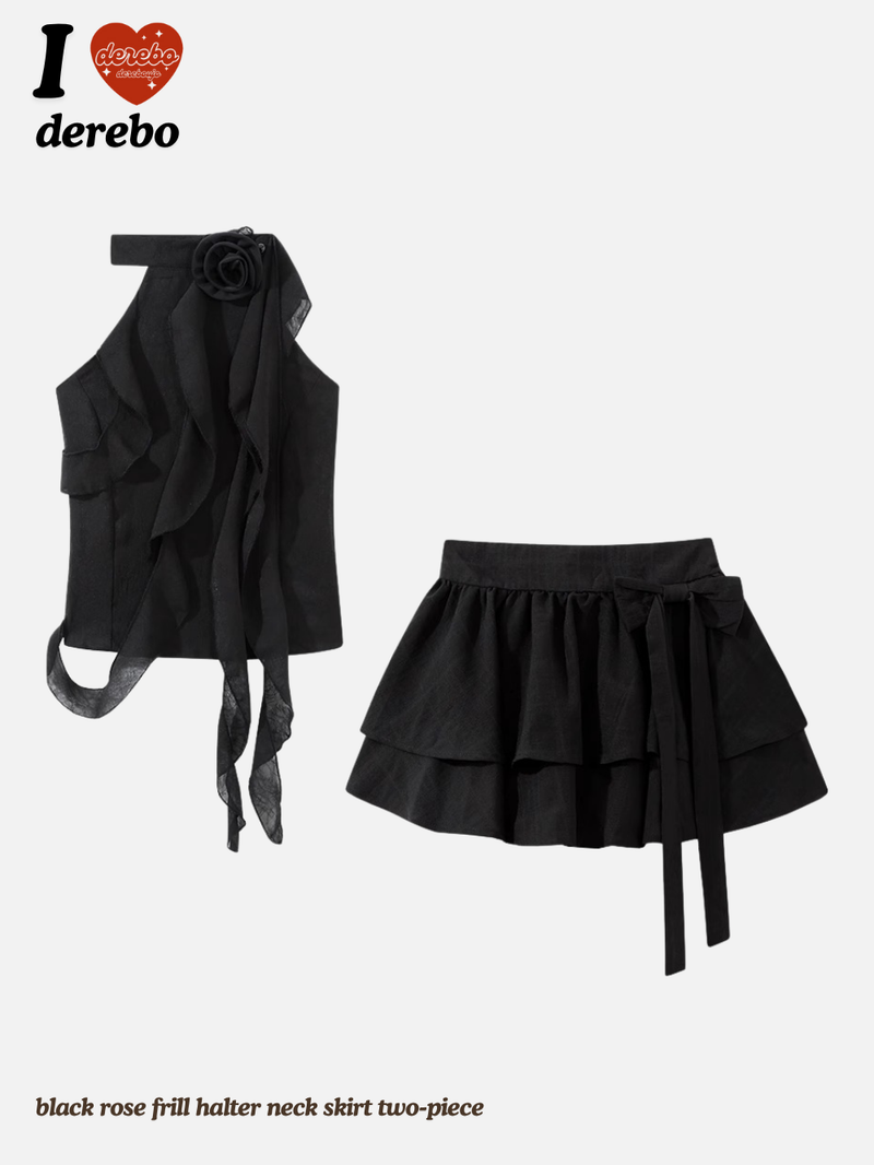 black rose frill halter neck skirt two-piece