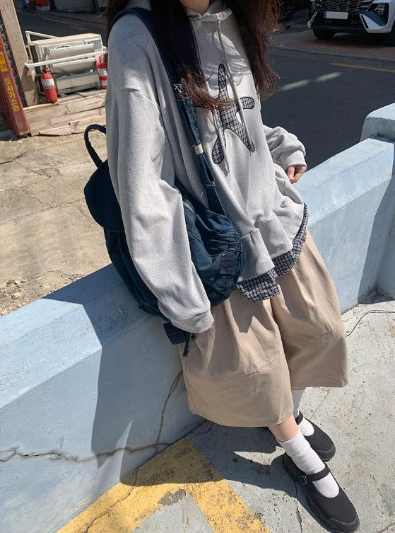 Nahin Check Patch Frill Hood Long Sleeve Tee