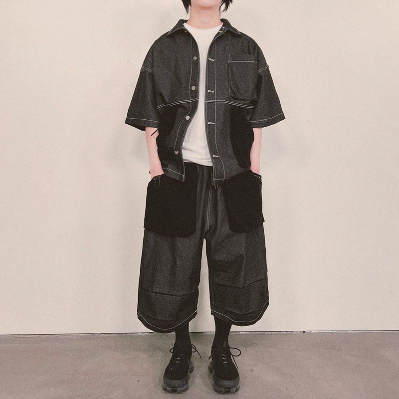 reverse terry pocket denim capri shorts_black