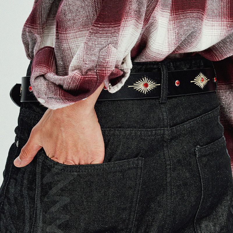 crystal stud & wax thread leather belt black