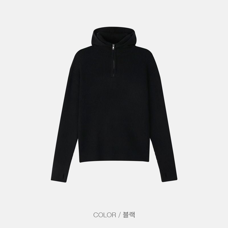 Rib Hood Half Zip-Up Knit