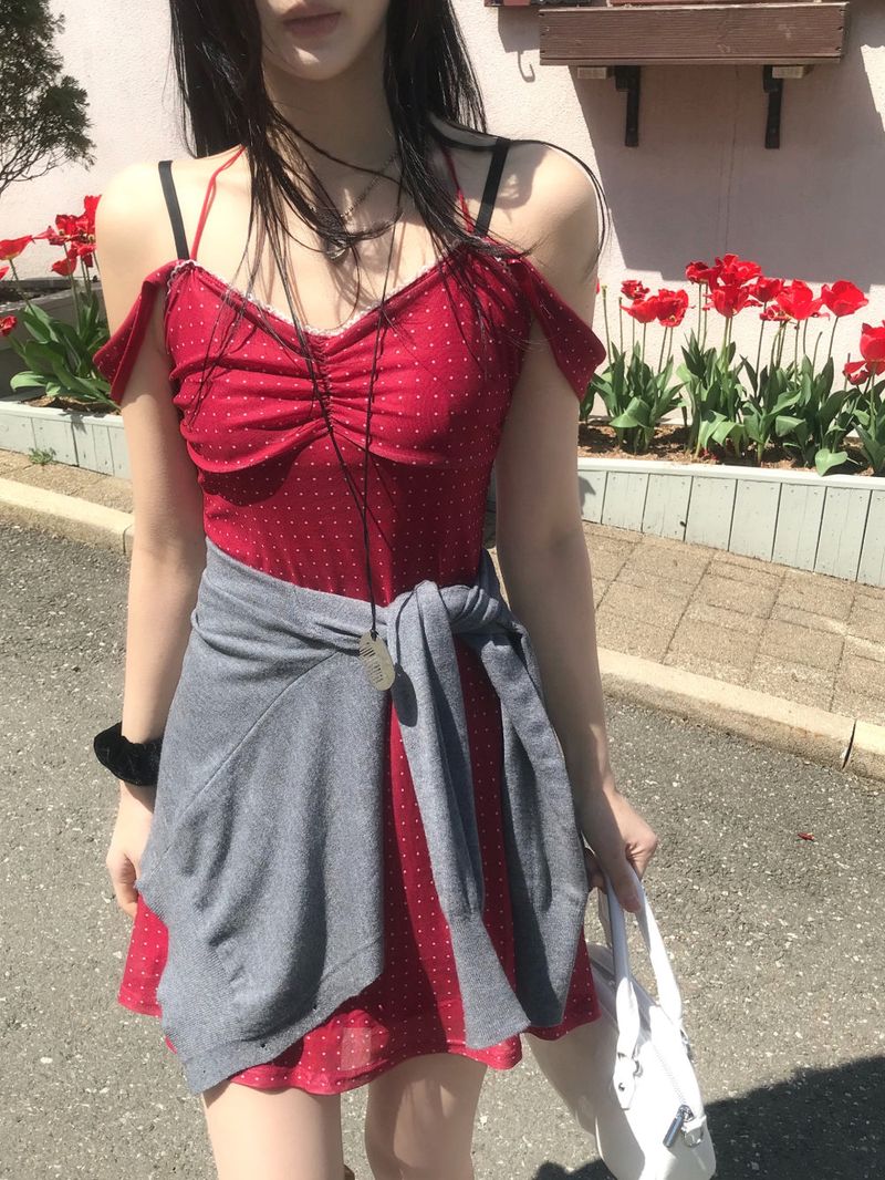 Cherry Kiss Dot Shirring Halter Mini Dress