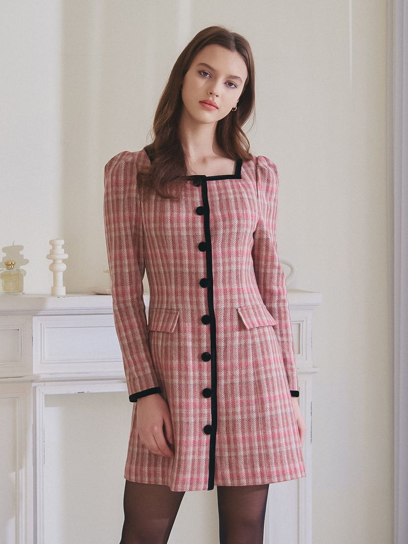 vem.ver（ベムバー）の「JENNY CHECK WOOL ONEPIECE_PINK（Dresses）」