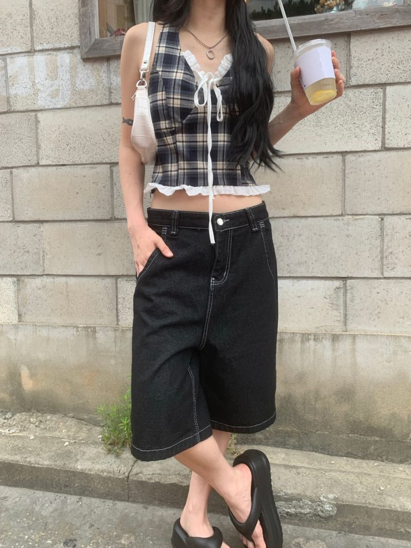  [🖤MD PICK] Backline Back Point Bermuda Denim Pants (Black)