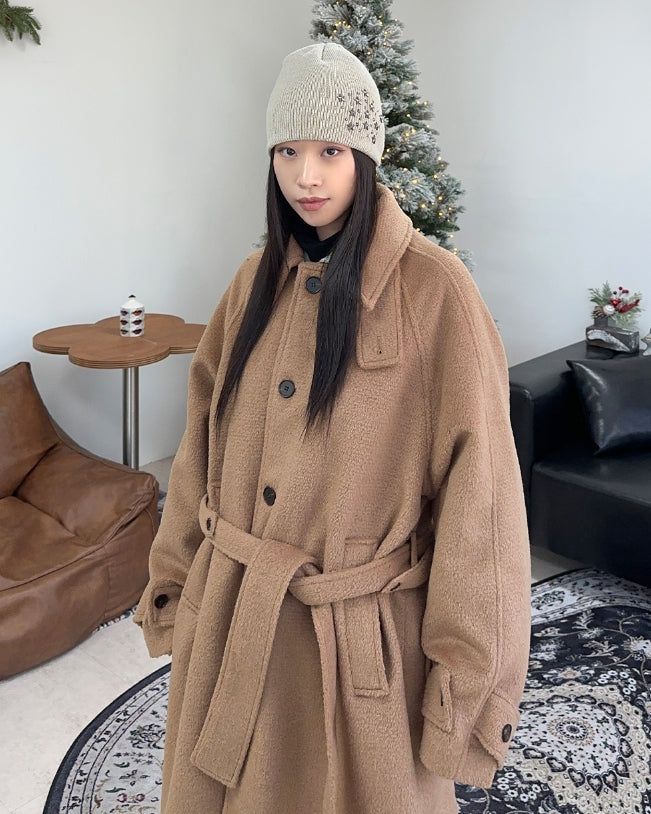 Aren Wool Raglan Belted Long Coat