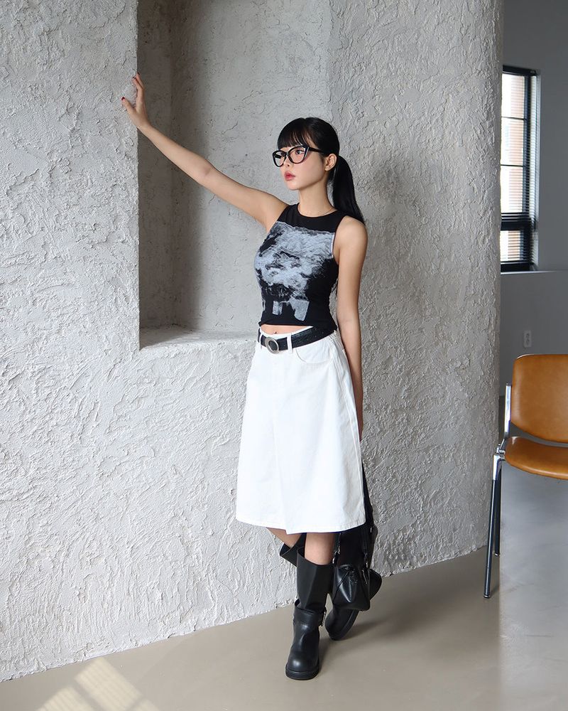 Basic pintuck cotton midi skirt