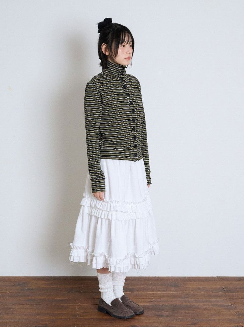 STRIPED HIGH NECK BUTTON CARDIGAN - OLIVE