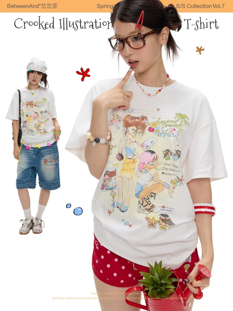 BETWEENAND（ビトゥウィーンアンド）の「BETWEENAND サマー ホワイト プリント ルーズフィット コットンTシャツ（トップス）」