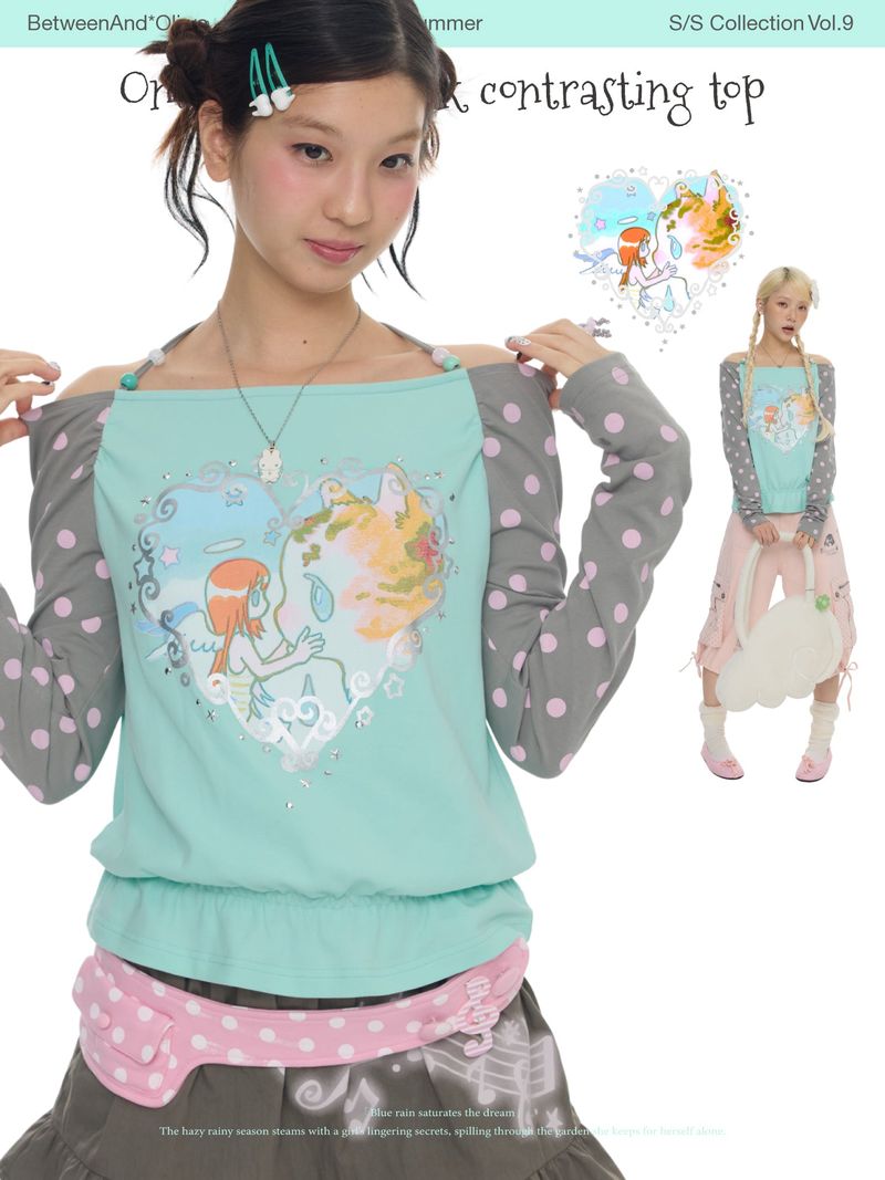 BETWEENAND（ビトゥウィーンアンド）の「BETWEENANDxOliwa A trendy long-sleeved, loose-fitting top in mint green with one-shoulder design and a hang neck style, perfect for autumn（Tops）」