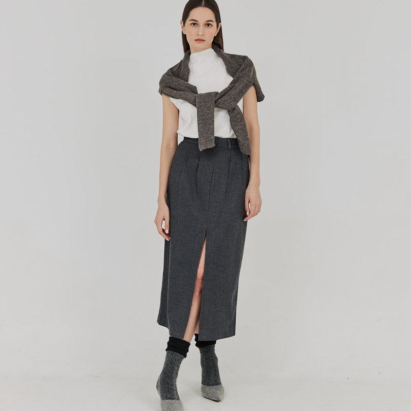 FREIHEIT(フライハイト)の「TWO-TUCK BUTTON SLIT LONG SKIRT (Gray)(Skirts)」