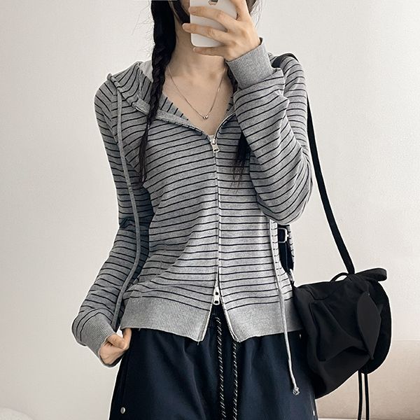 7-Color Striped Two-Way Hooded Knit Zip-up (7 colors)