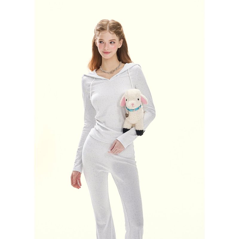 Girly Fancy Club（ガーリーファンシークラブ）の「[GirlyFancyClub]little milk leopard* milk skin baby blue hoodie leopard print t-shirt slim-fit slightly flared pants casual suit（Tops）」