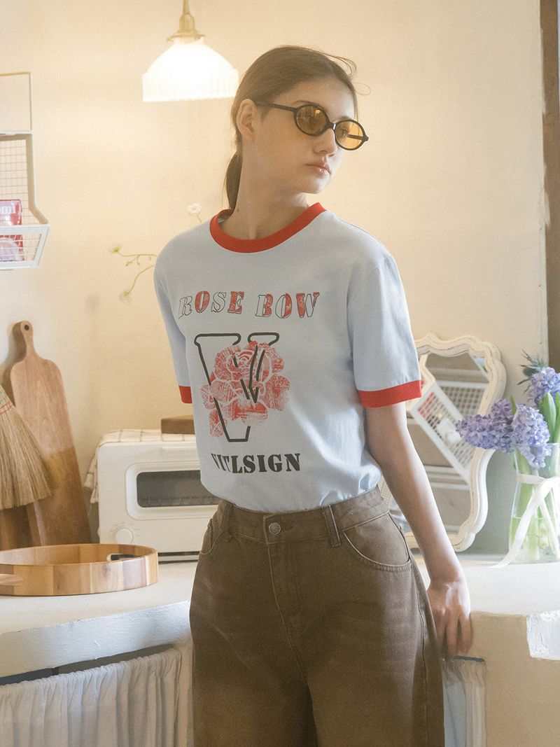 Rose Bow Ringer T-shirt (3C) Light Blue