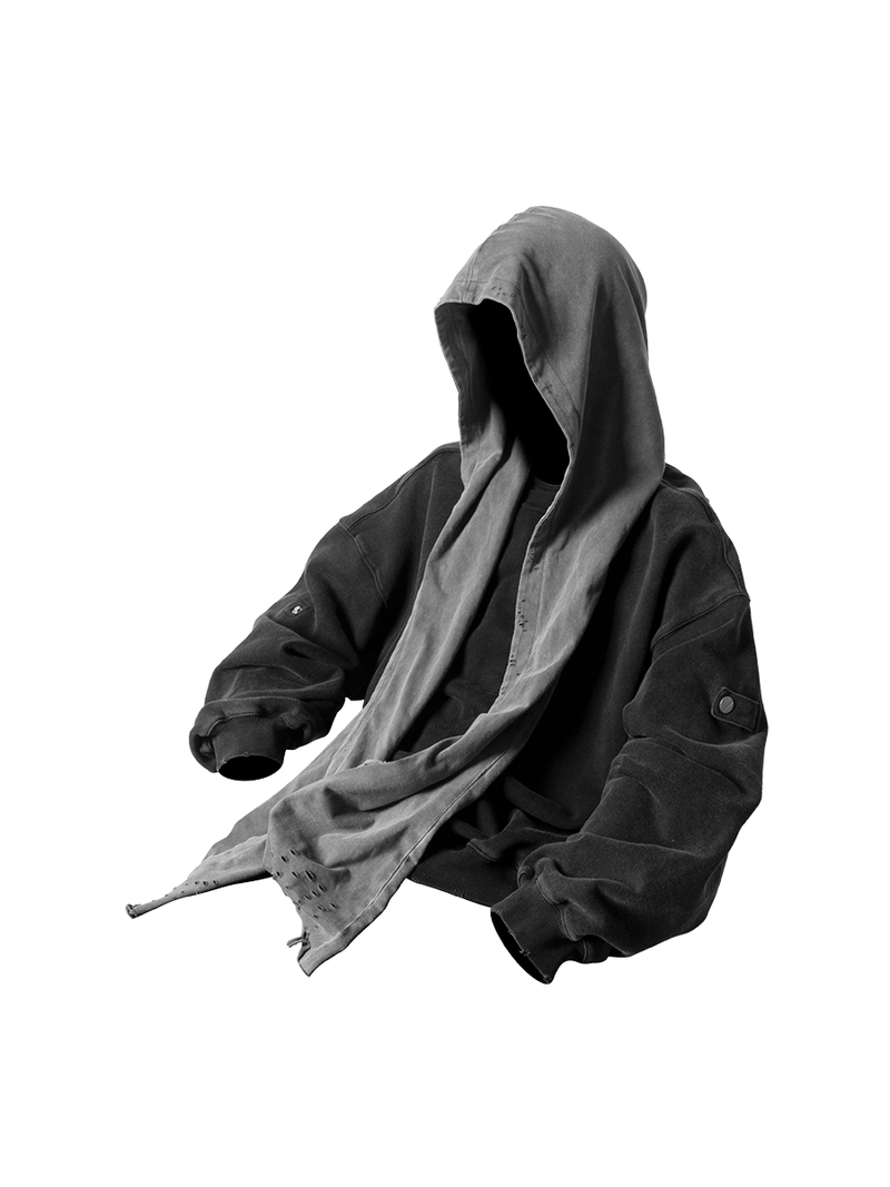 RELABEL(リレーベル)の「RELABEL 3ディメンショナルコンポジション (sculpture) リムーバブルラグランフードウォッシュダークグレーマルチウェアラウンドネックセーター(トップス)」