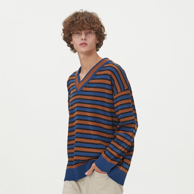 STRIPE V NECK KNIT_BLUE