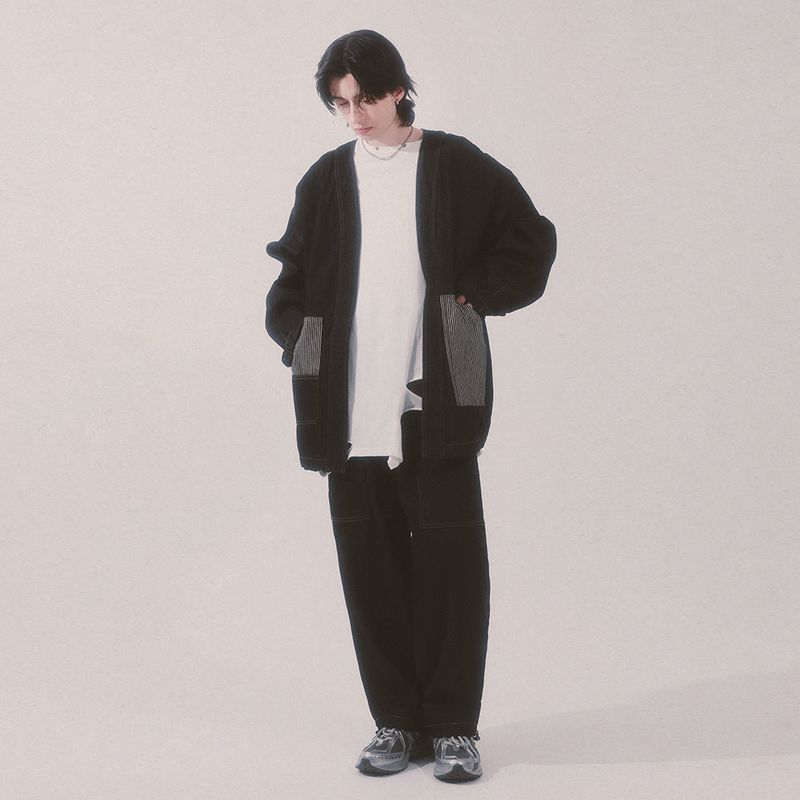 stripe patch denim pants_black