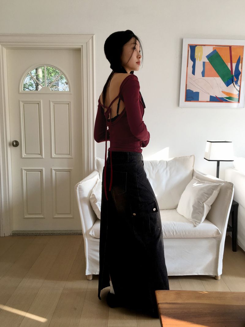 Leaner pocket cargo cut denim long skirt