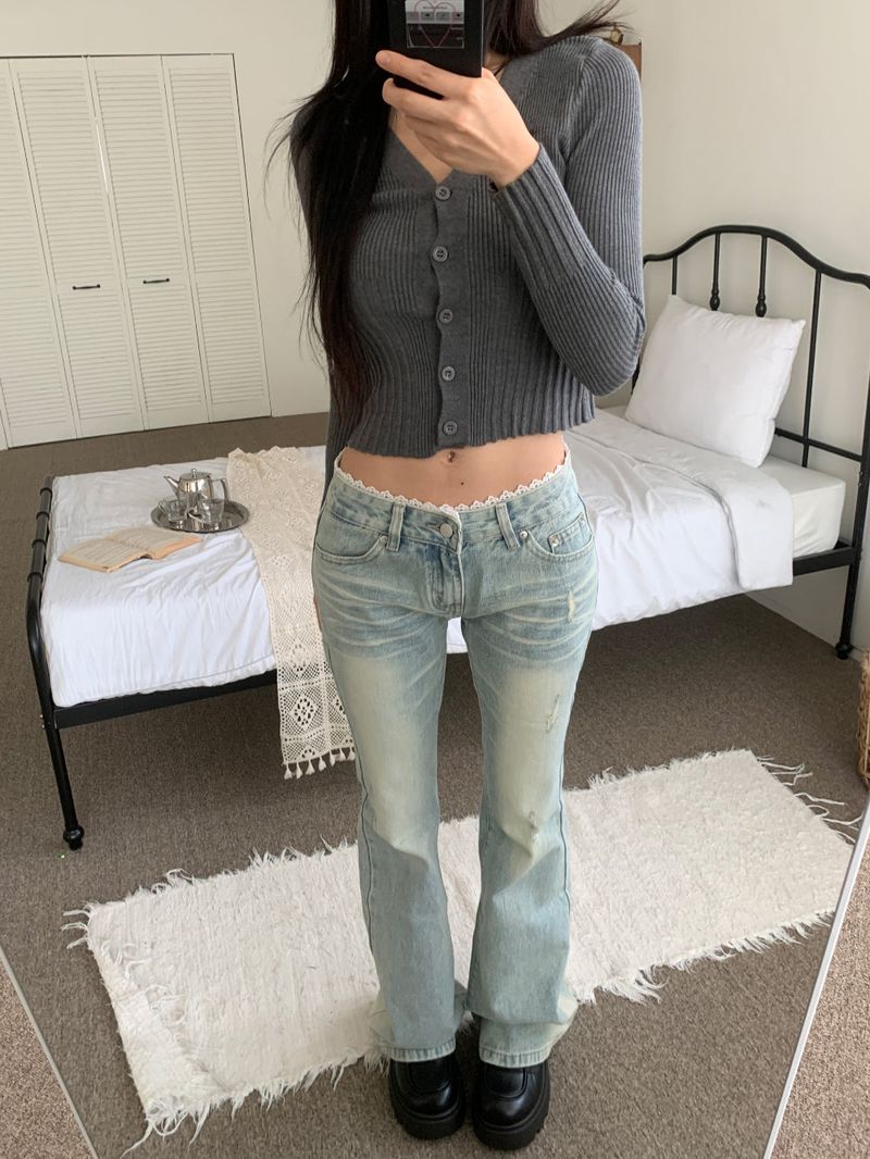 Touch Lace Trim Light Blue Bootcut Denim Pants