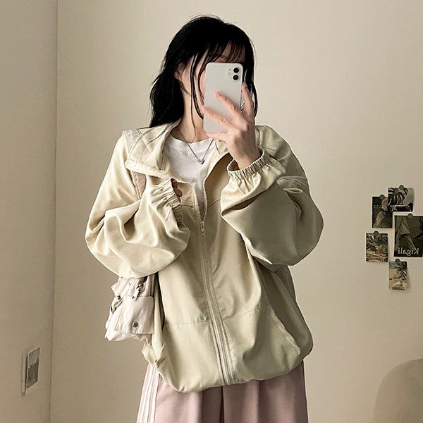 Ronnie Boxy High-Neck Slit Plain Windbreaker Jumper